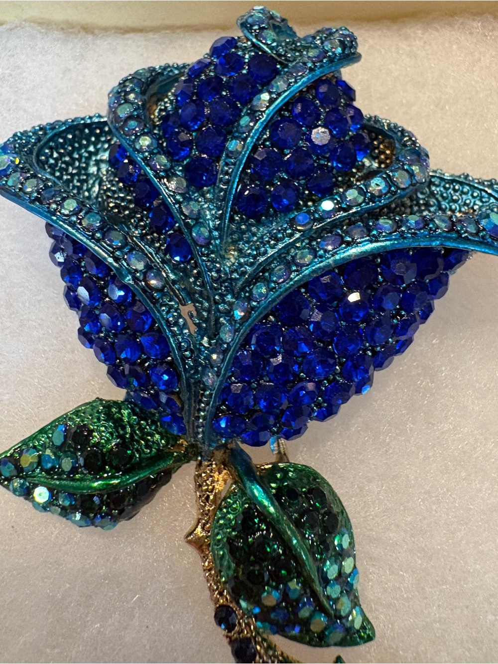 Blue Crystal Rose Brooch - Emerald Green Leaves